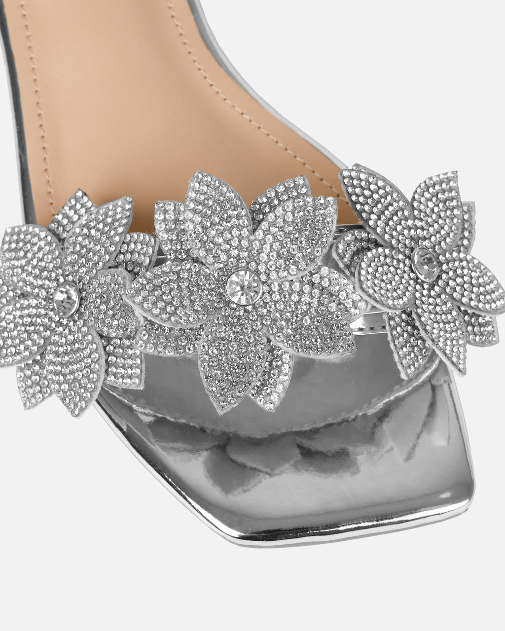 Abbie Silver Mirror Flower Diamante Flat Sandals
