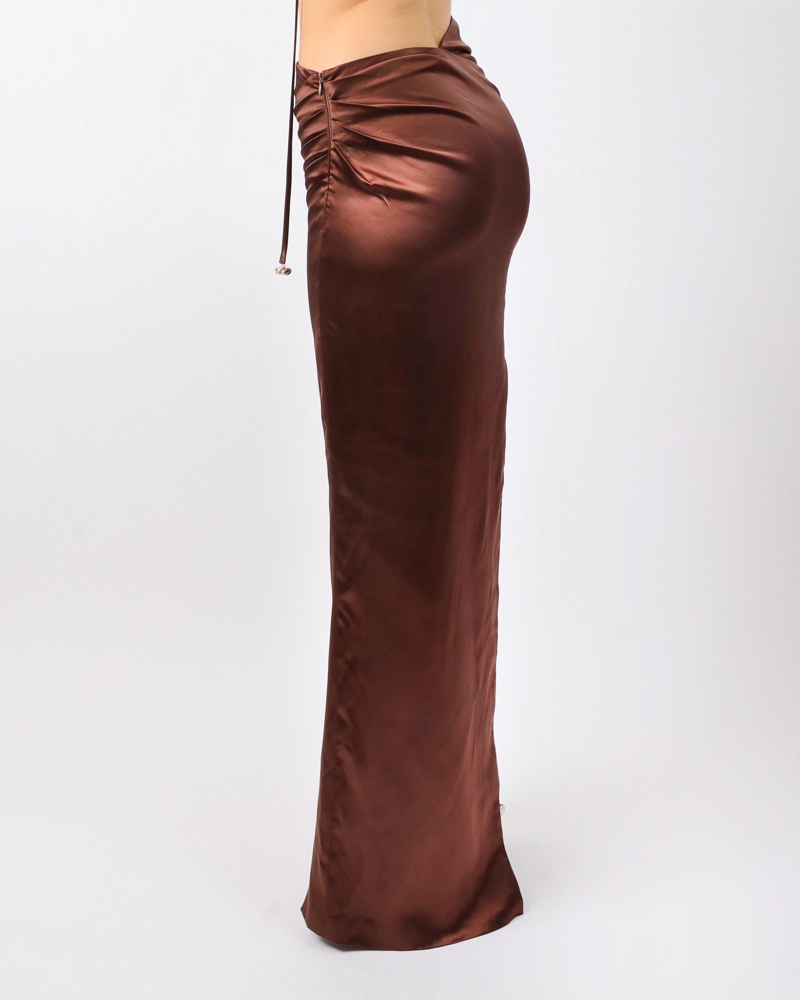 Élodie Chocolate Satin Drape Maxi Skirt