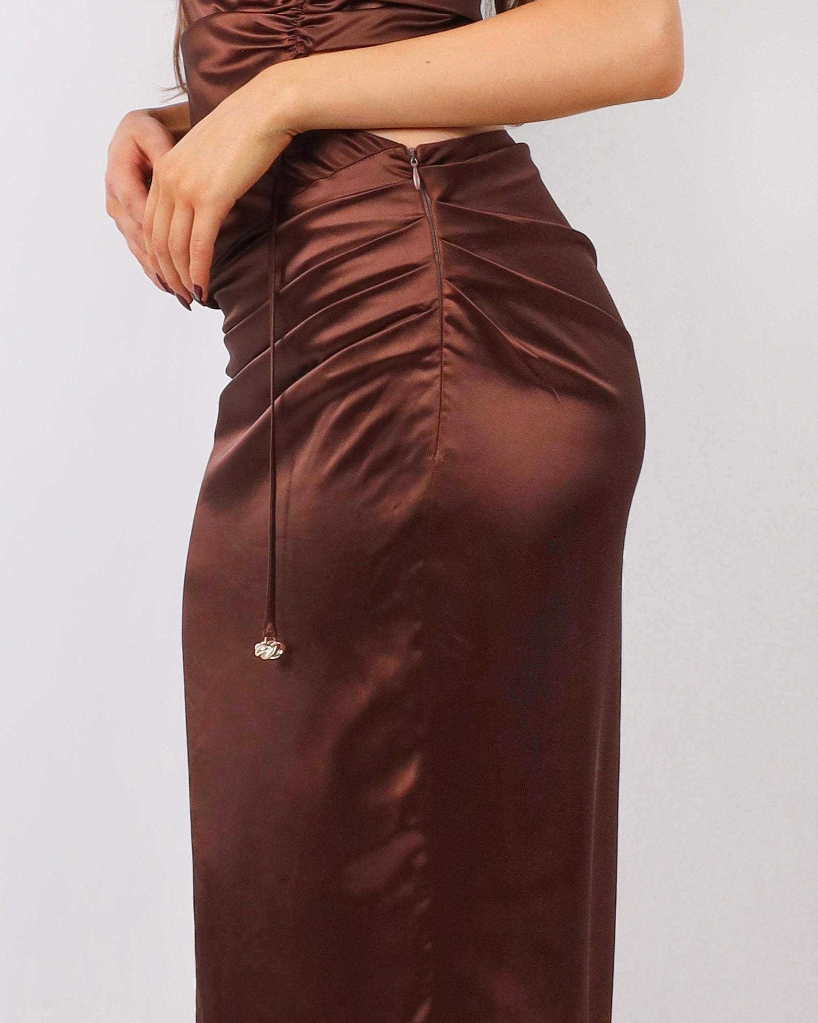 Élodie Chocolate Satin Drape Maxi Skirt