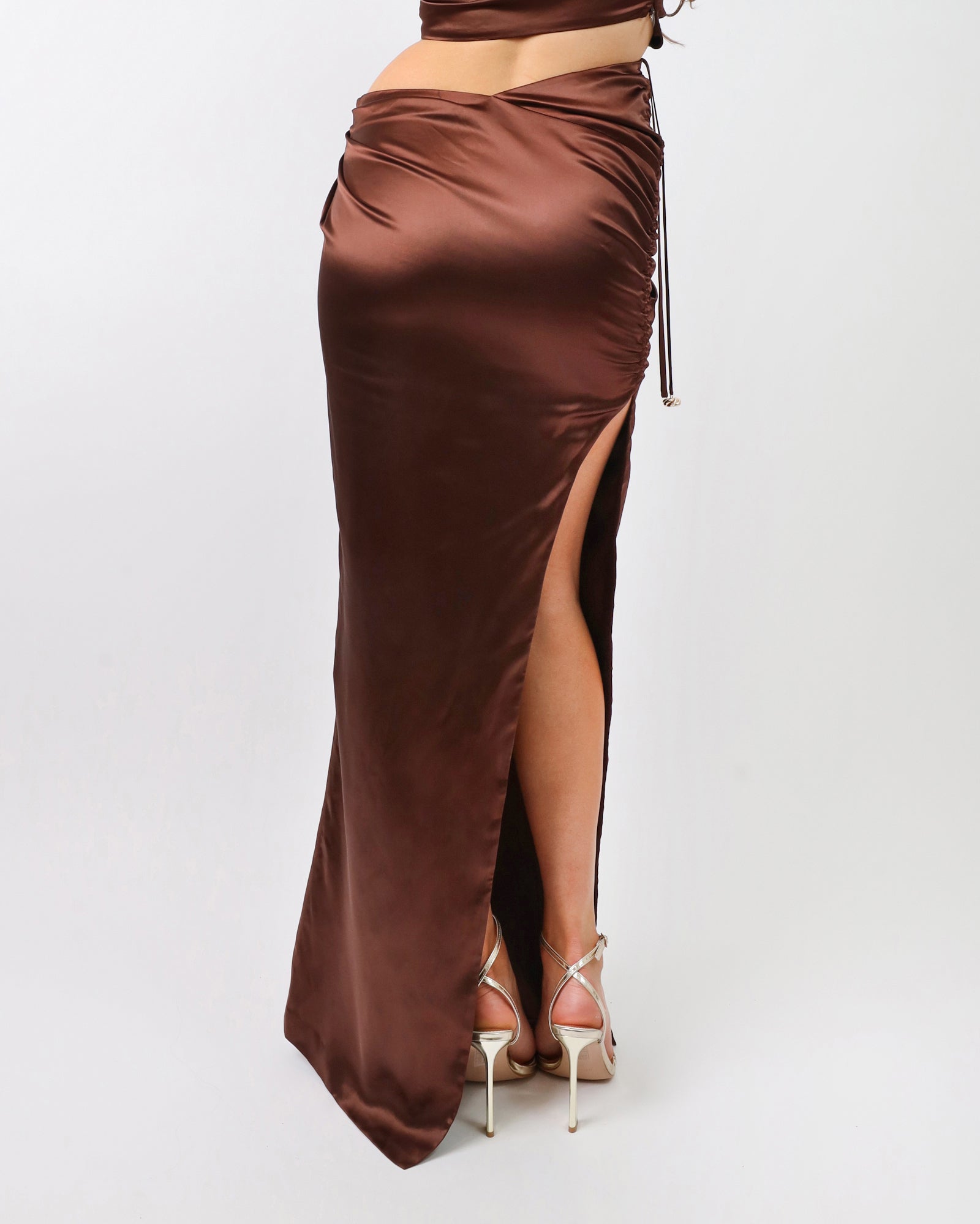 Élodie Chocolate Satin Drape Maxi Skirt