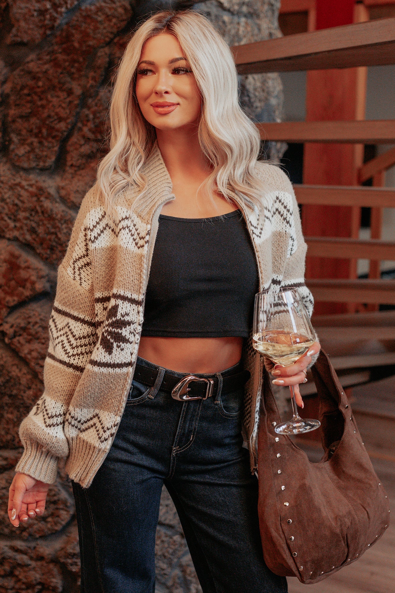 Chic Instinct Faux Suede Studded Handbag (Dark Brown)