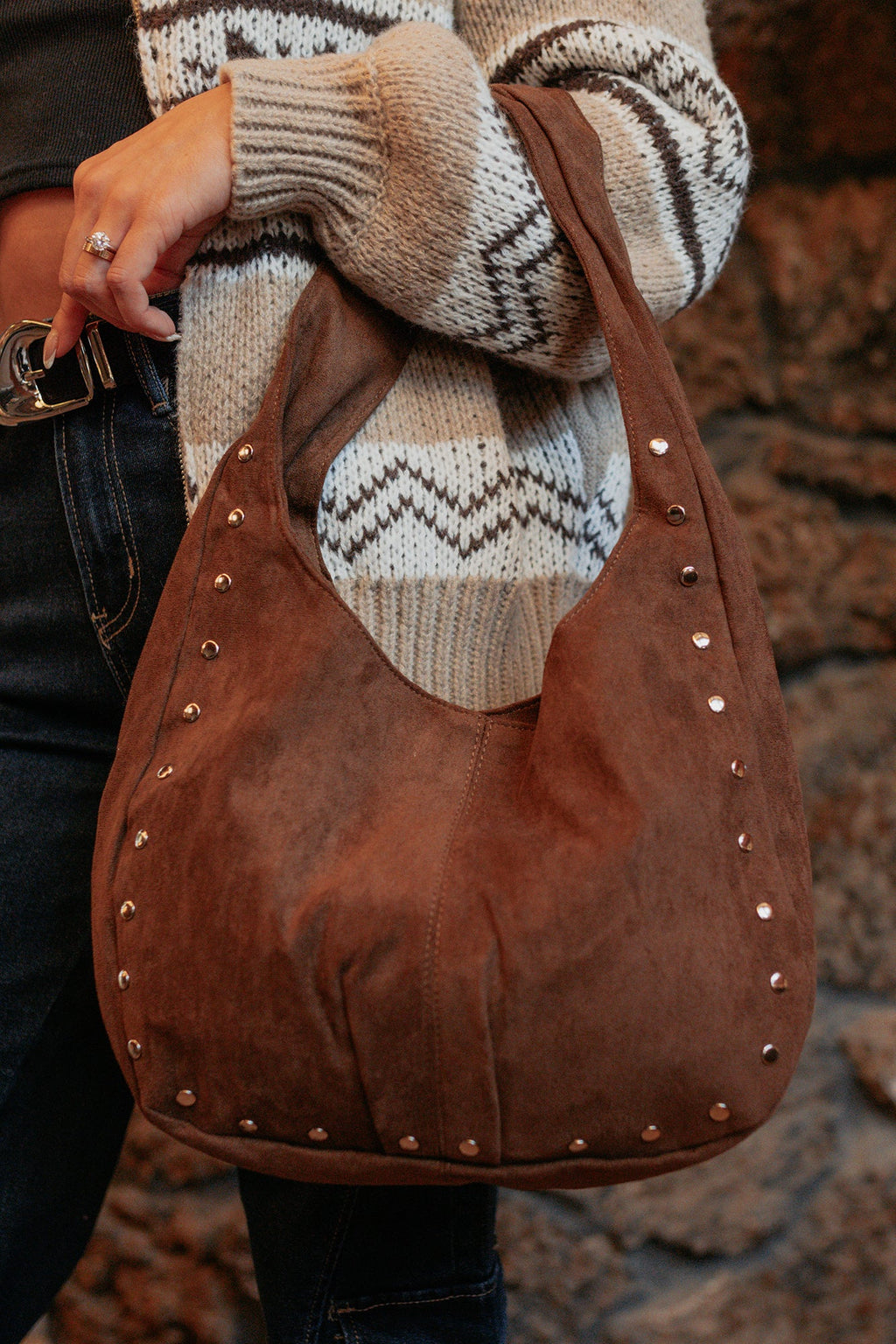 Chic Instinct Faux Suede Studded Handbag (Dark Brown)