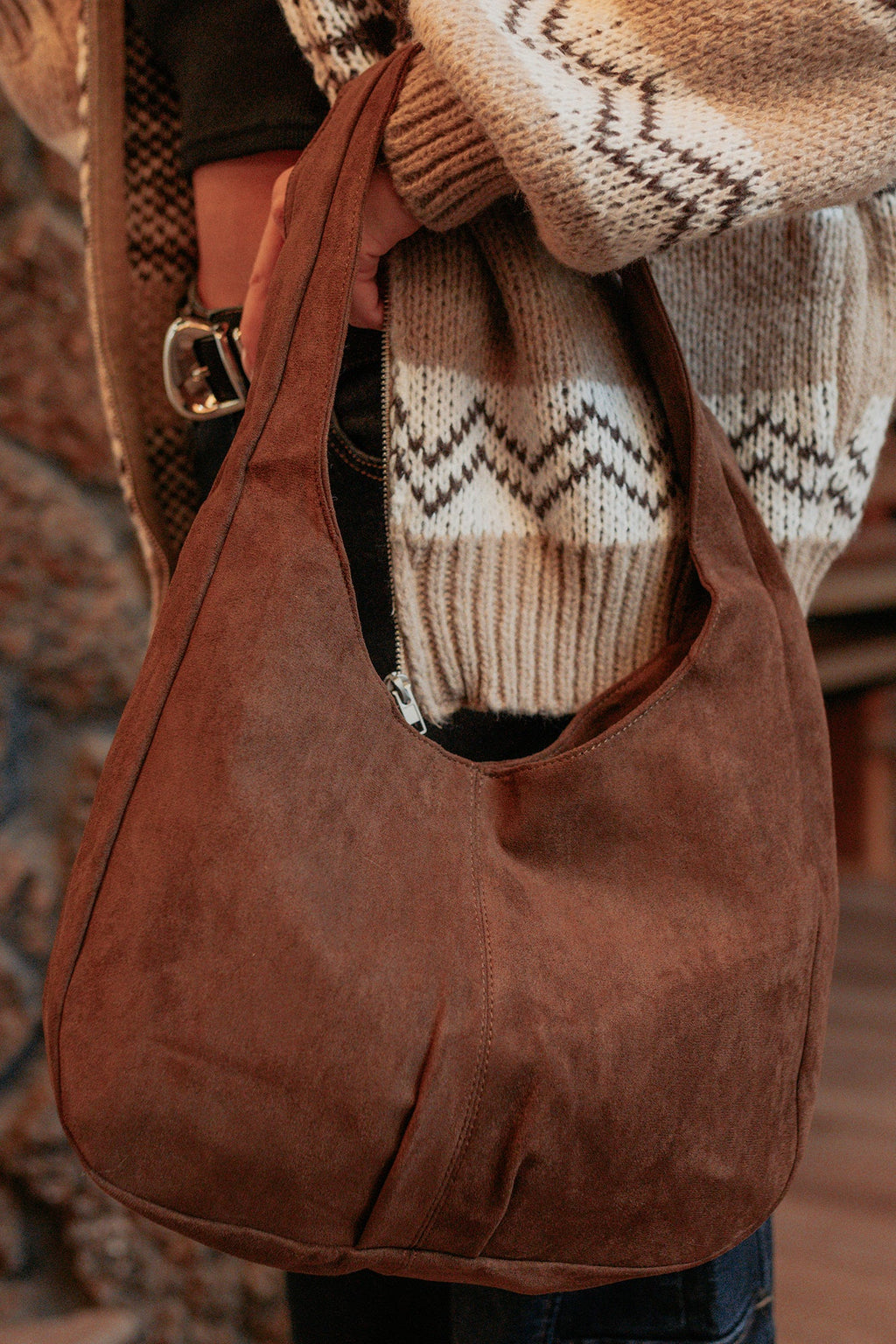 Chic Instinct Faux Suede Studded Handbag (Dark Brown)