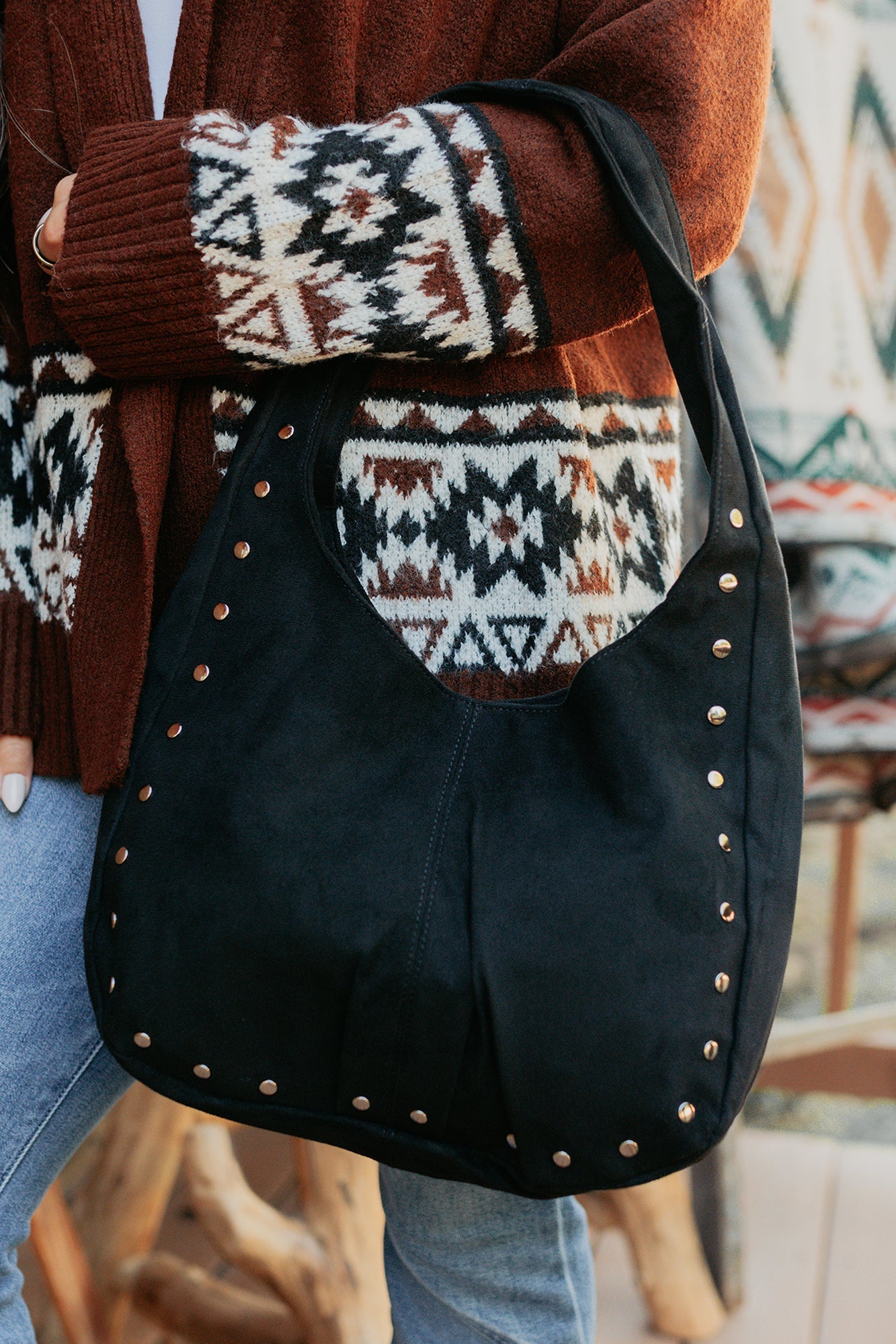 Chic Instinct Faux Suede Studded Handbag (Black)