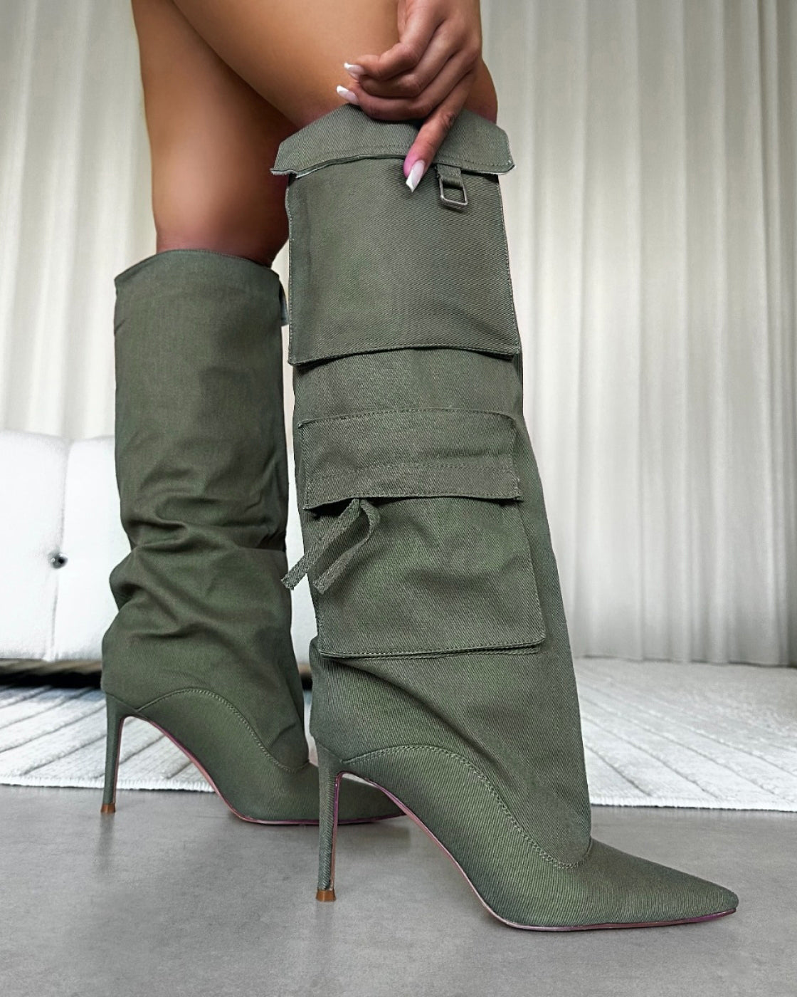 Stan Khaki Canvas Cargo Stiletto Boots
