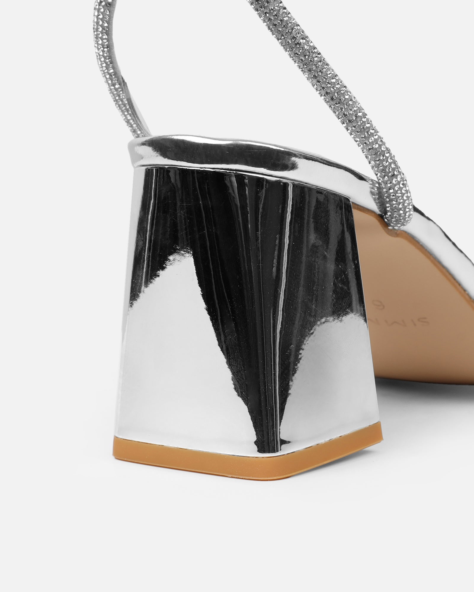 Ciel Silver Mirror Diamante Low Block Heeled Sandals