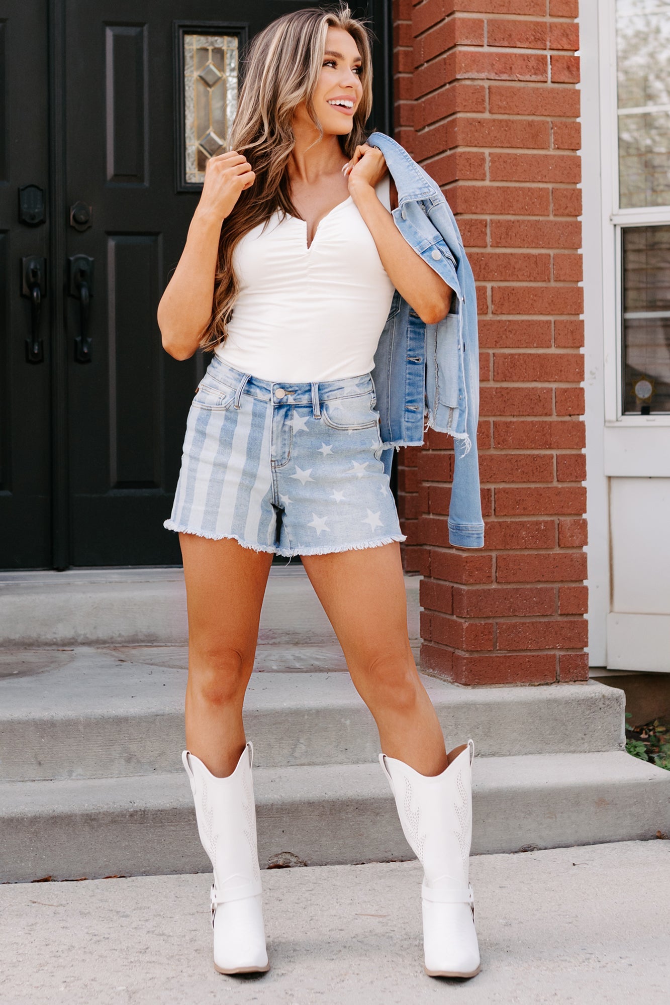 Agnes Flag Print Judy Blue Denim Shorts (Medium Light)