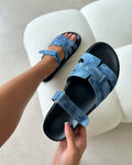 Adelle Denim Chunky Velcro Strap Flat Sandals