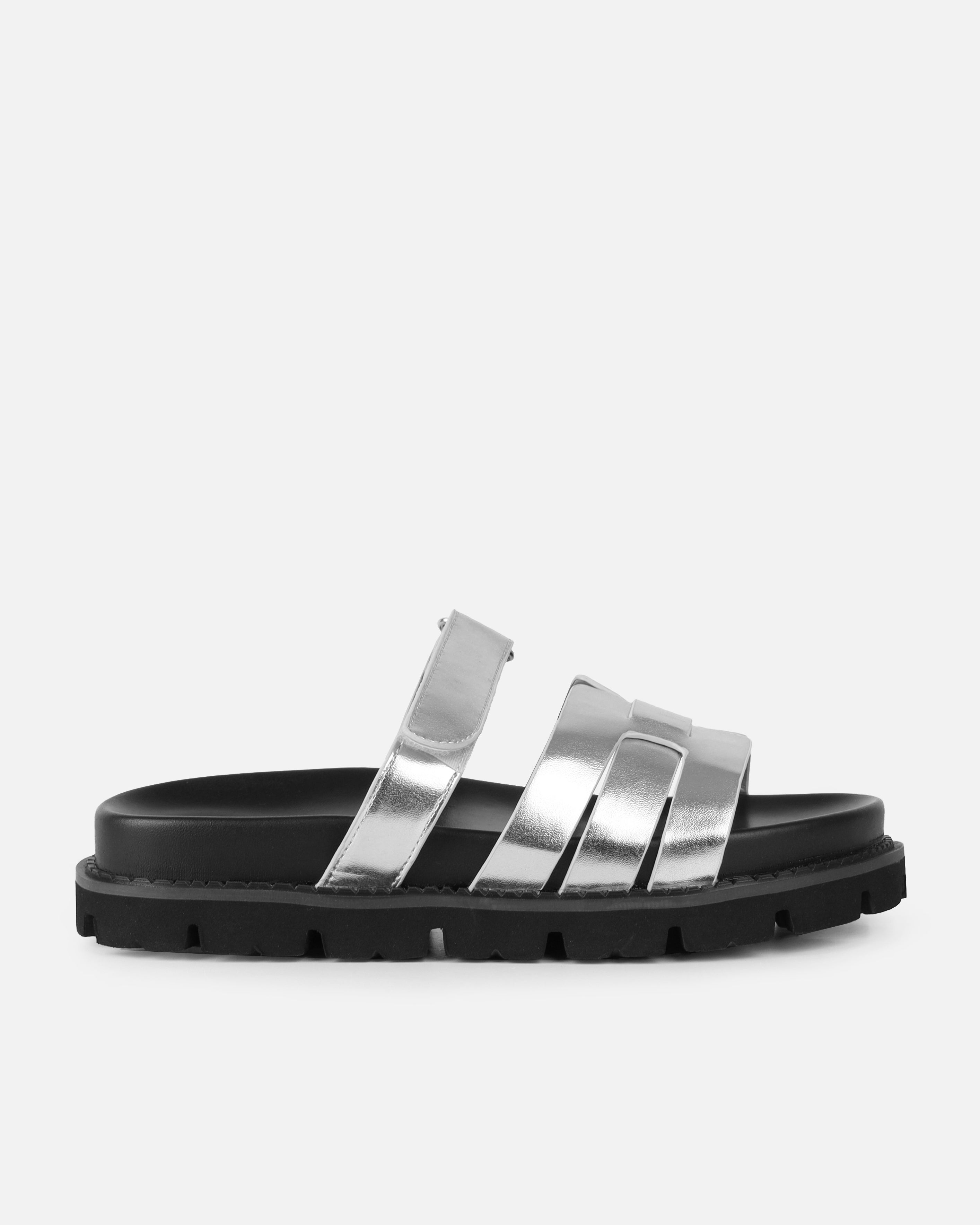 Adelle Silver Chunky Velcro Strap Flat Sandals