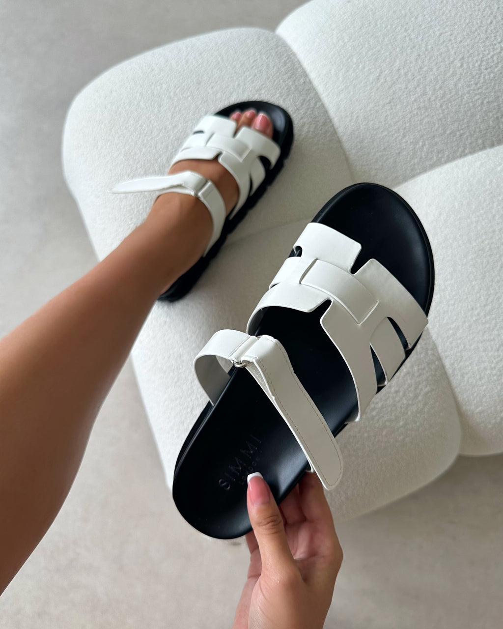 Adelle White Chunky Velcro Strap Flat Sandals