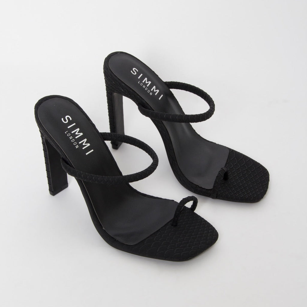 Cyan Black Snake Toe Loop Slim Block Heels