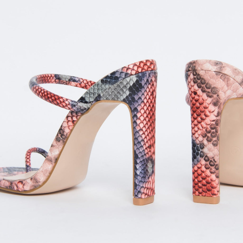 Cyan Pink Snake Toe Loop Slim Block Heels