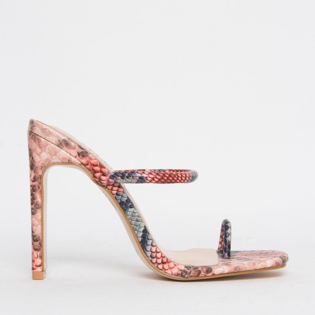 Cyan Pink Snake Toe Loop Slim Block Heels