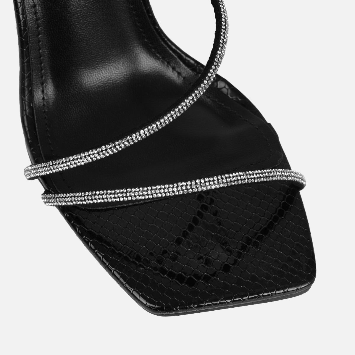 Asmara Wide Fit Black Faux Snake Print Diamante Toggle Heels