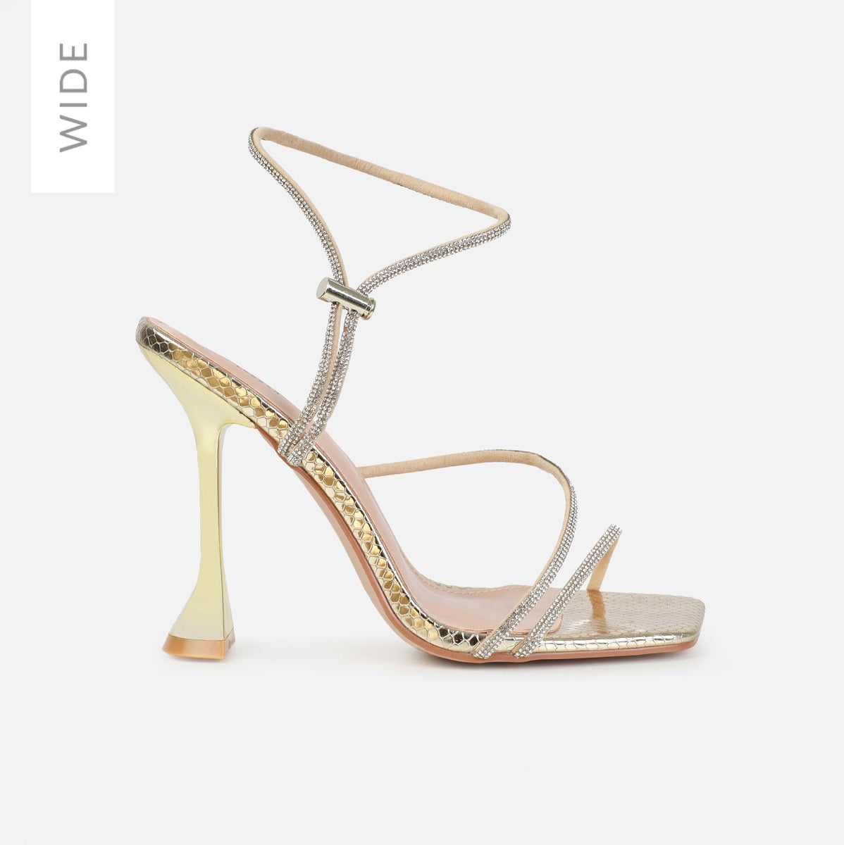 Asmara Wide Fit Gold Faux Snake Print Diamante Toggle Heels