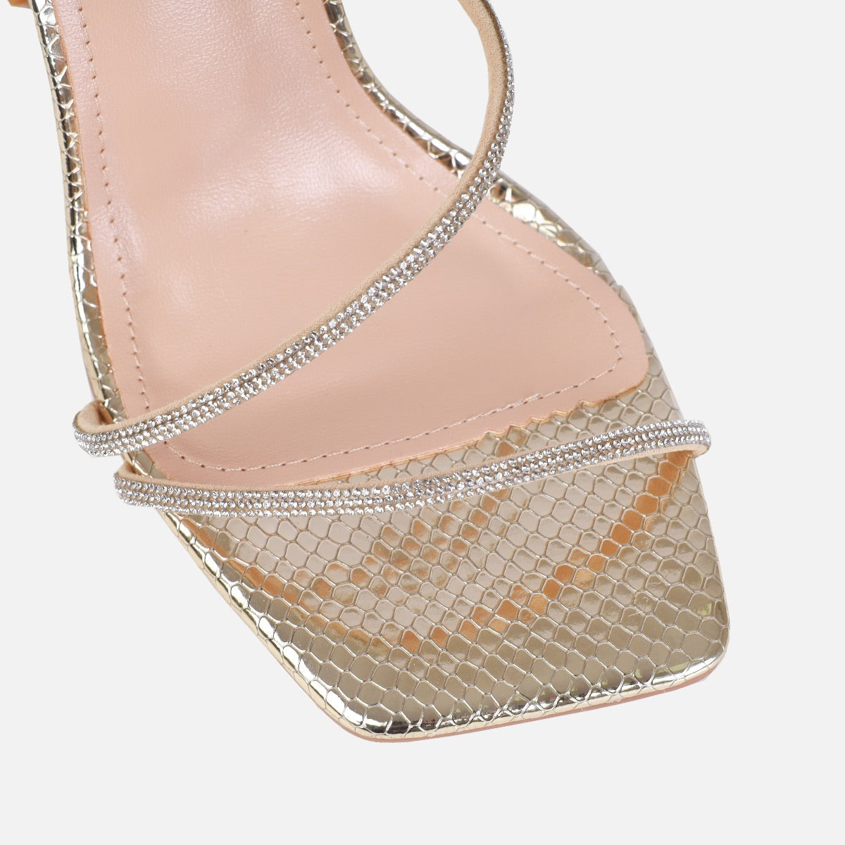 Asmara Wide Fit Gold Faux Snake Print Diamante Toggle Heels