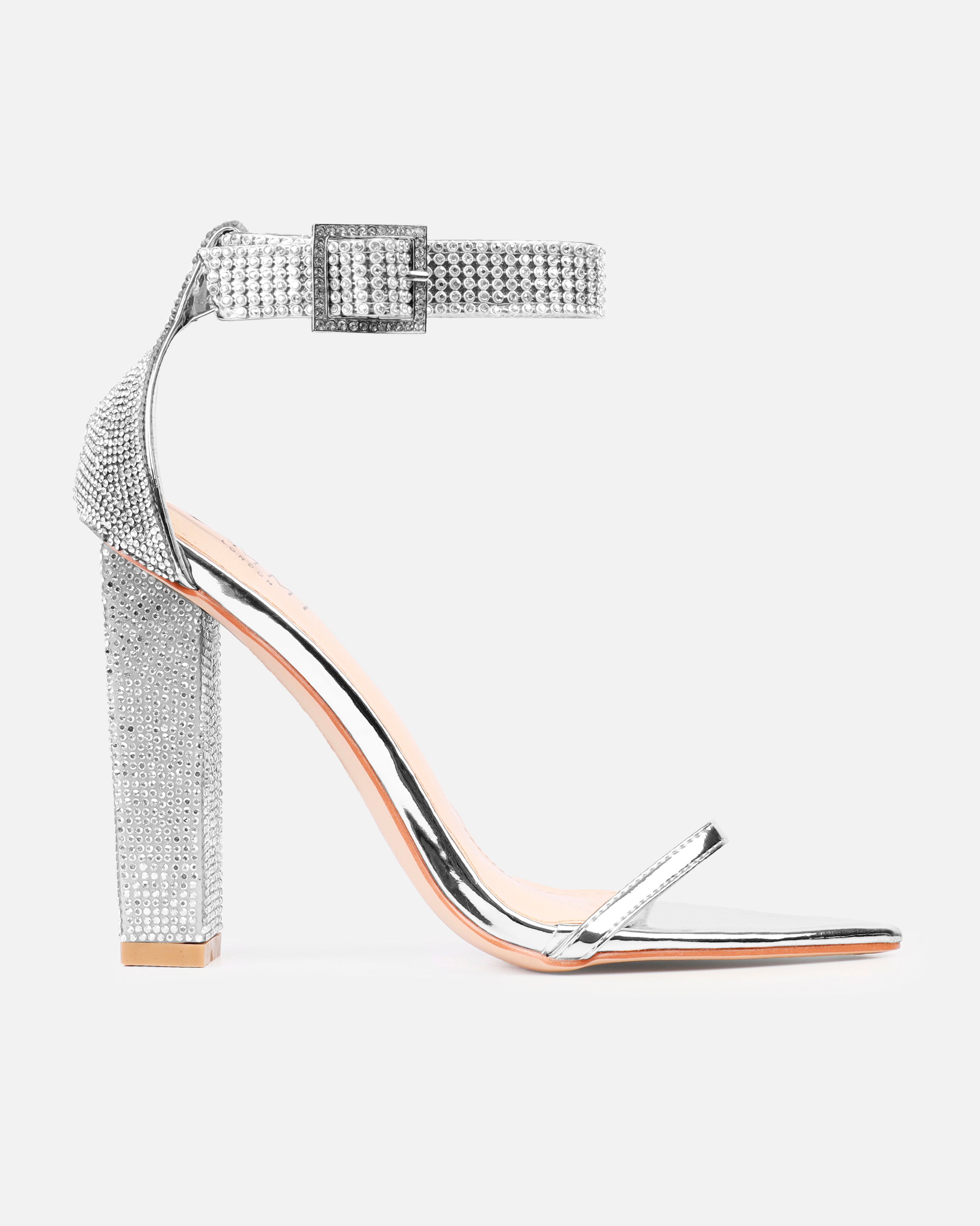 Icey Wide Fit Silver Diamante Block Heels