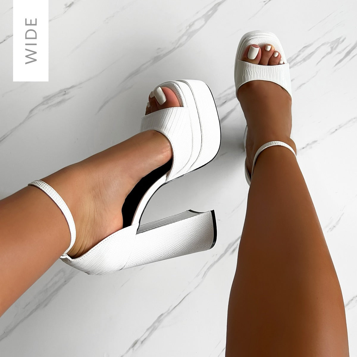 Eira Wide Fit White Faux Lizard Print Platform Block Heels