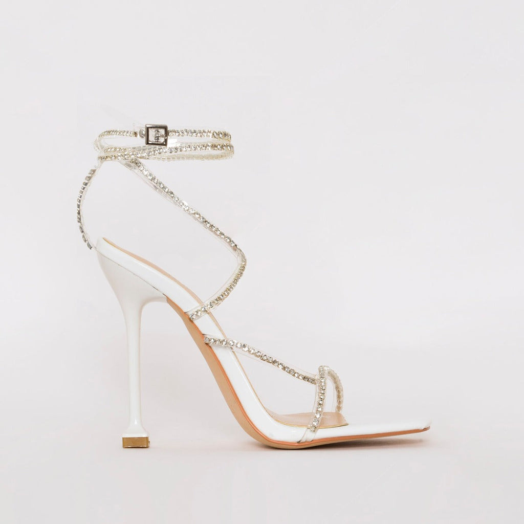 Chantel White Patent Clear Diamante Strappy Heels