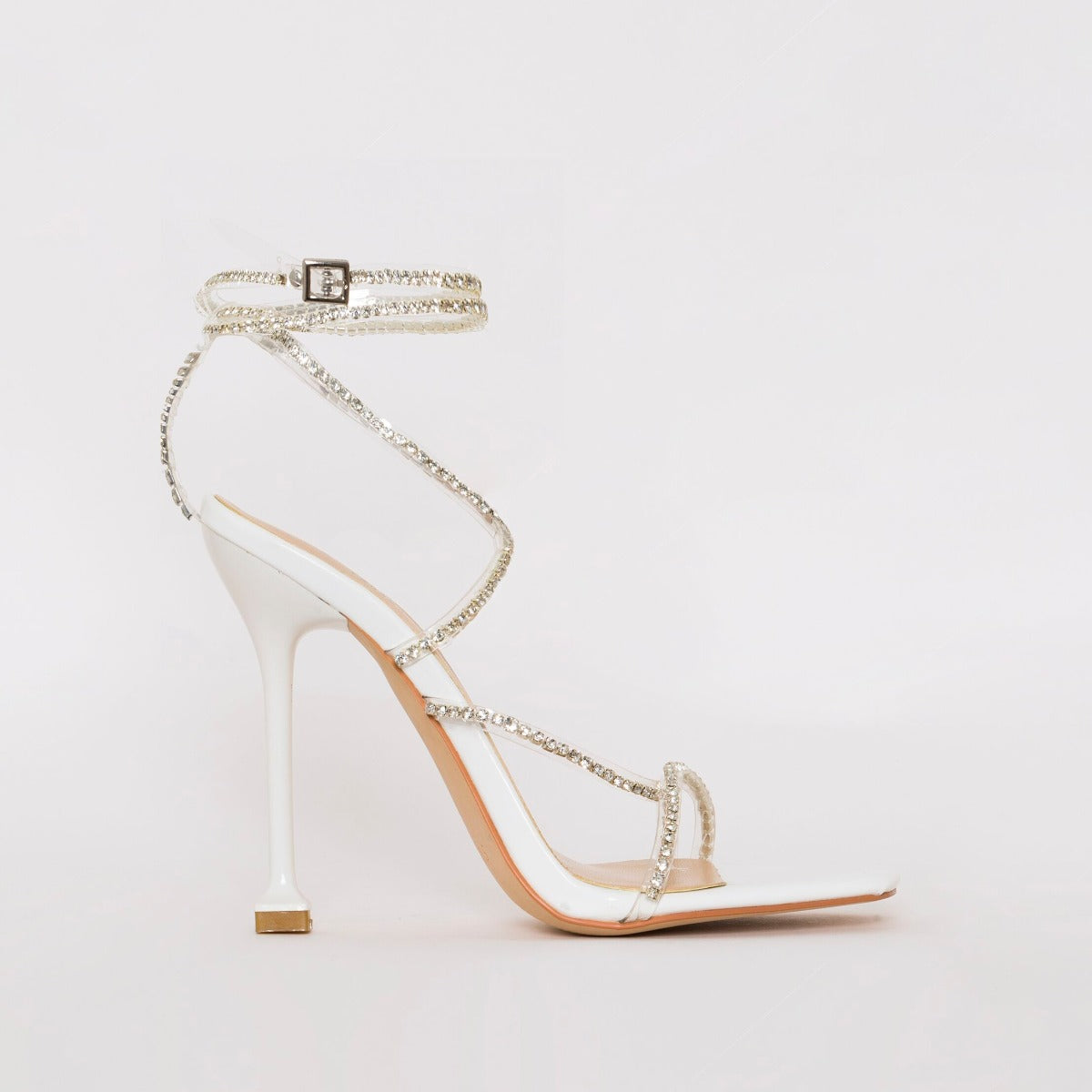Chantel White Patent Clear Diamante Strappy Heels