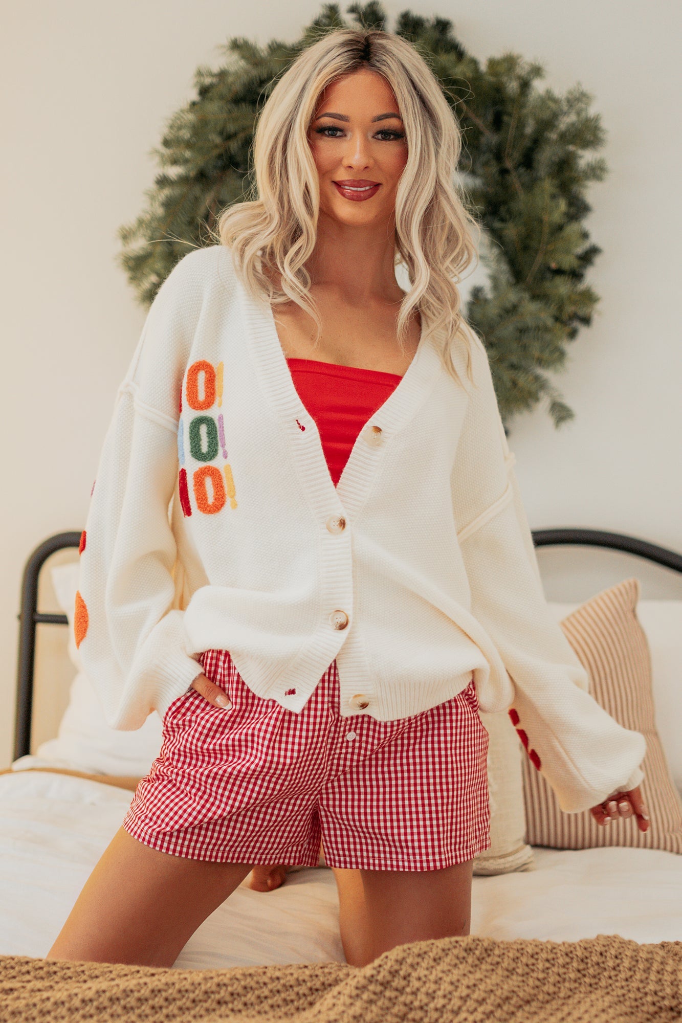 "Ho Ho Ho" Mello Christmas Patch Cardigan (Ivory)