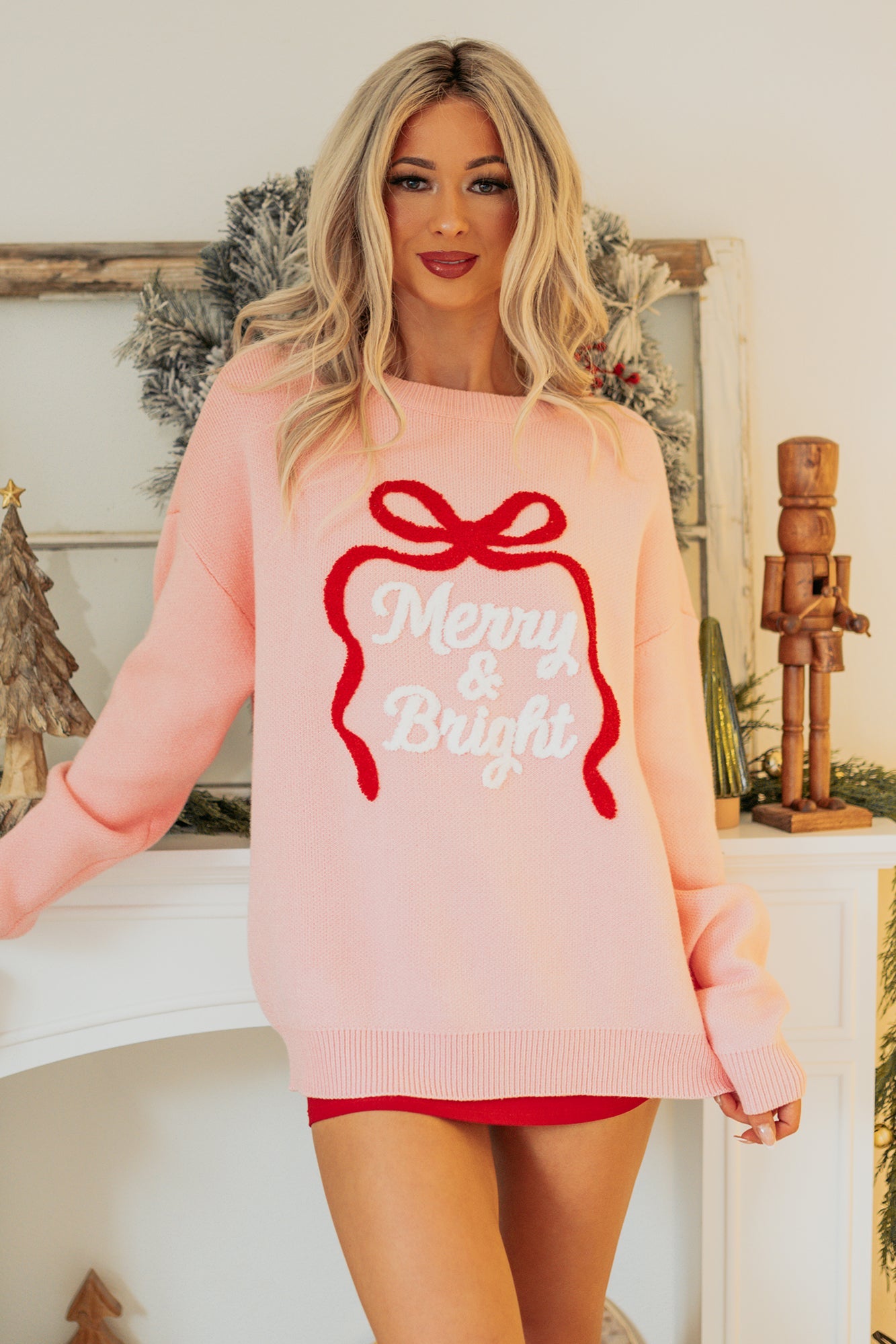 "Merry & Bright" Embroidered Sweater (Light Pink)