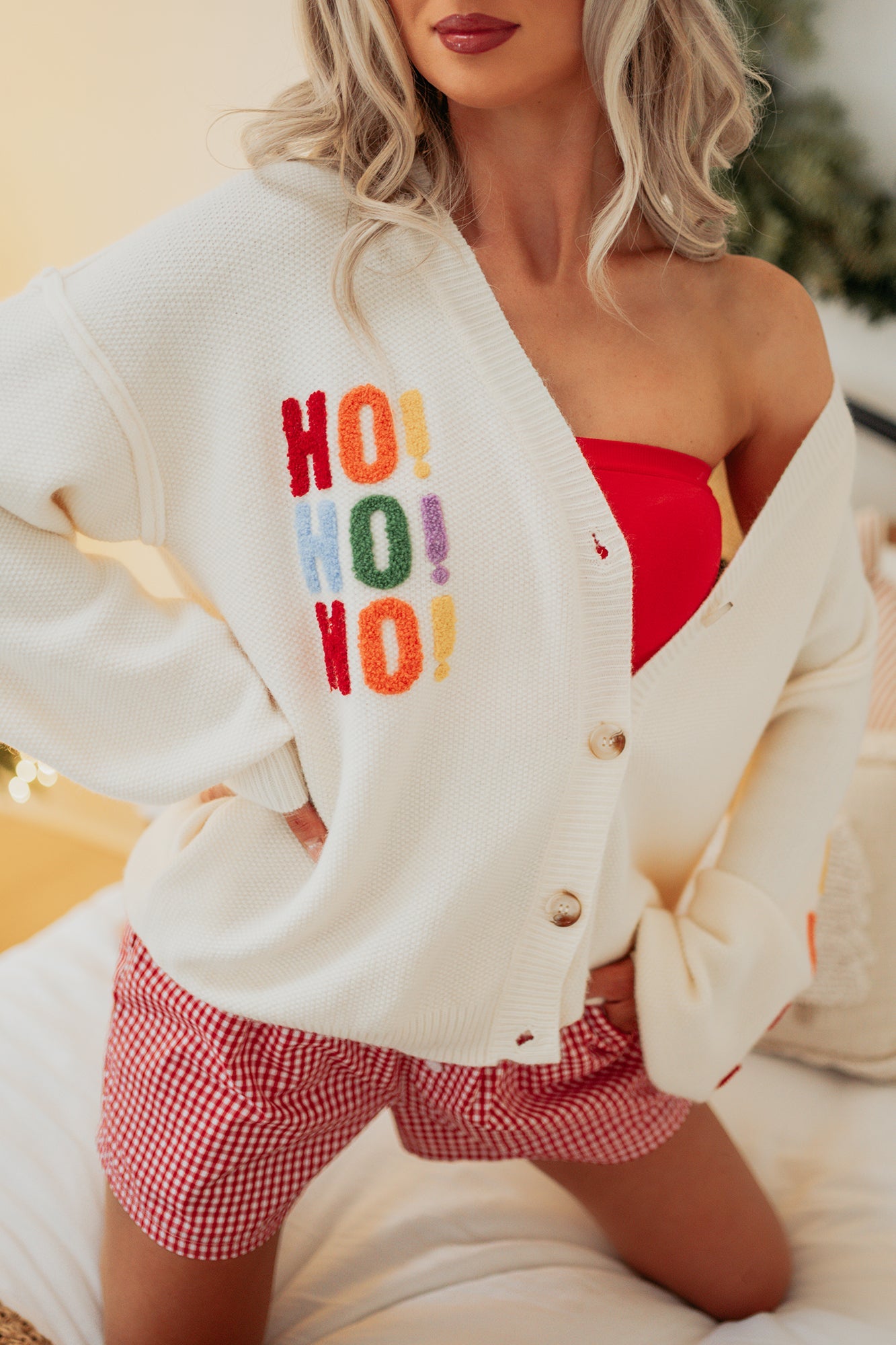 "Ho Ho Ho" Mello Christmas Patch Cardigan (Ivory)