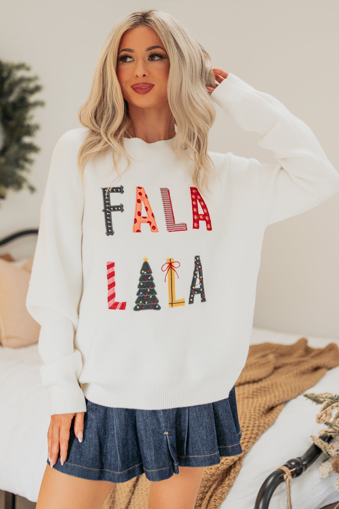 "FA LA LA LA" Embroidered Christmas Sweater (White)