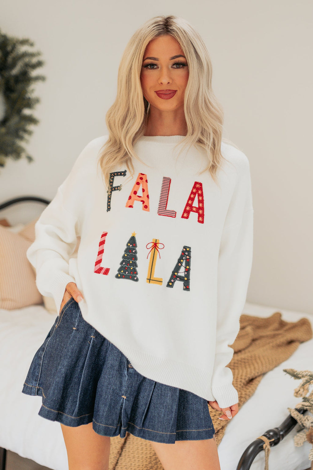 "FA LA LA LA" Embroidered Christmas Sweater (White)