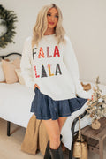 "FA LA LA LA" Embroidered Christmas Sweater (White)
