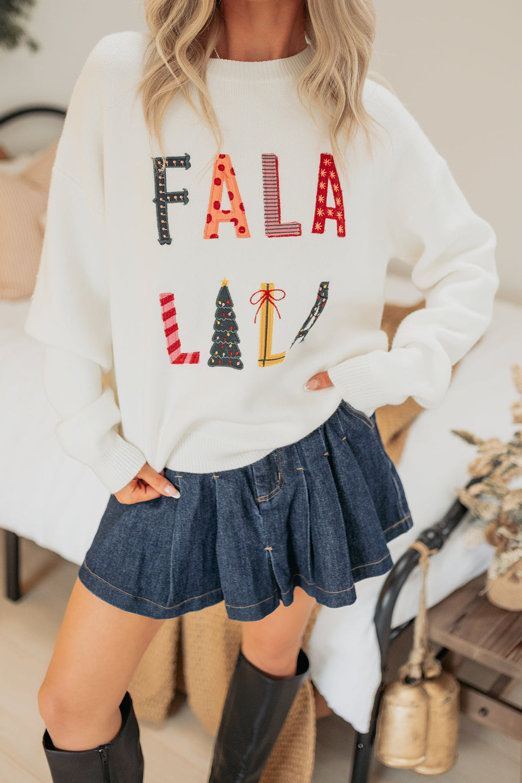 "FA LA LA LA" Embroidered Christmas Sweater (White)